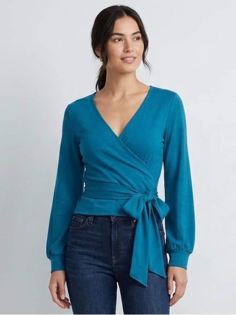 Halogen Teal Long Sleeve Tie Waist Wrap Top S